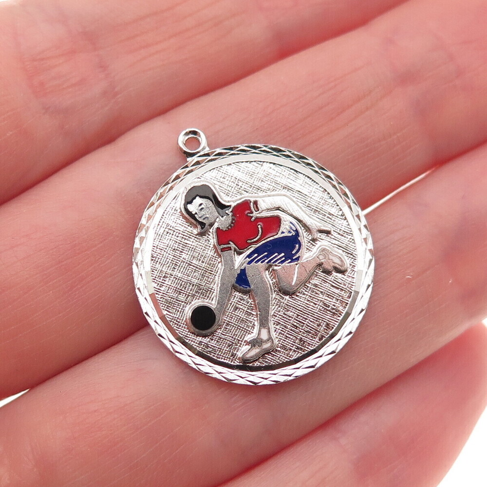 Griffith & Co. 925 Sterling Silver Vintage Enamel Female Bowling Player Pendant